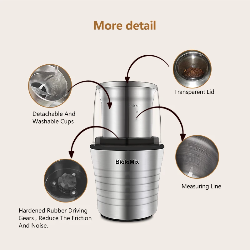 Multipurpose Electric Coffee Bean Grinder with 2 Removable Dry and Wet Cups Stainless Steel Miller for Seeds Spices Herbs Nuts 5