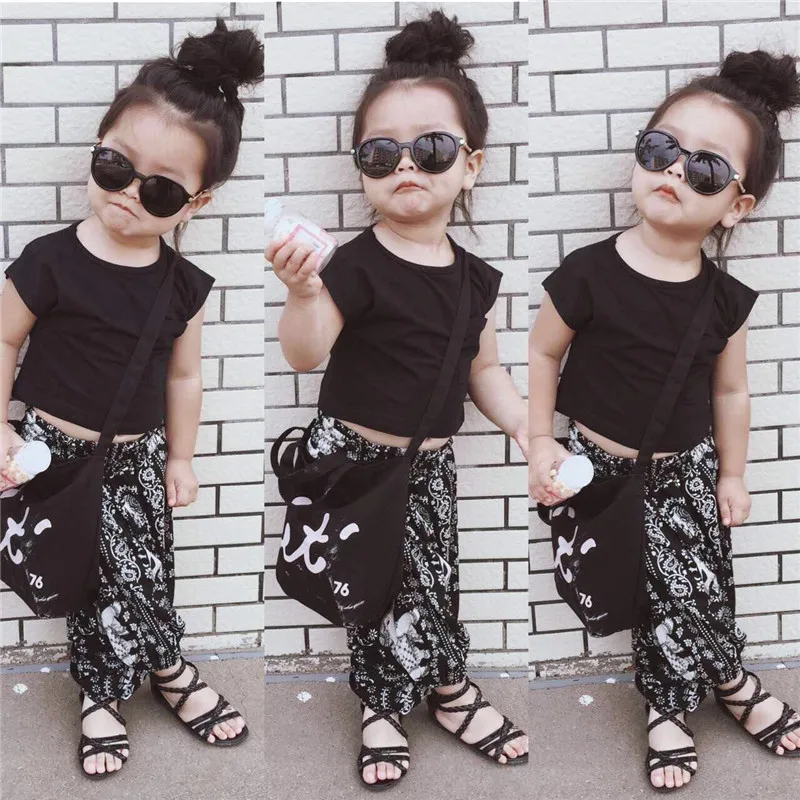 

2018 Summer Girls Short Solid Color T-shirt + Bohemian Style Flying Squirrel Loose Pants CHILDREN'S Suit