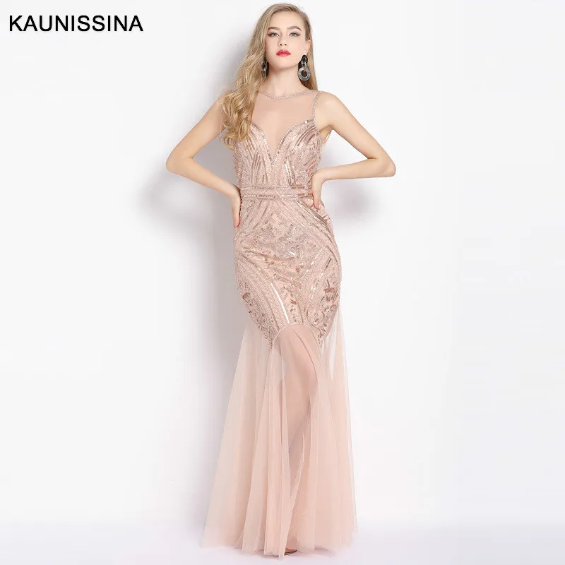 

KAUNISSINA Evening Dresses Sequined O-neck Zipper Back Party Gowns Sexy Backless Floor-length Tulle Beading Prom Evening Robe