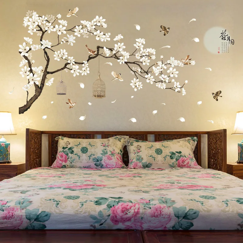 Большой размер дерево наклейки на стену с изображением птиц цветок домашний декор обои для гостиной спальни Diy виниловые комнаты украшения