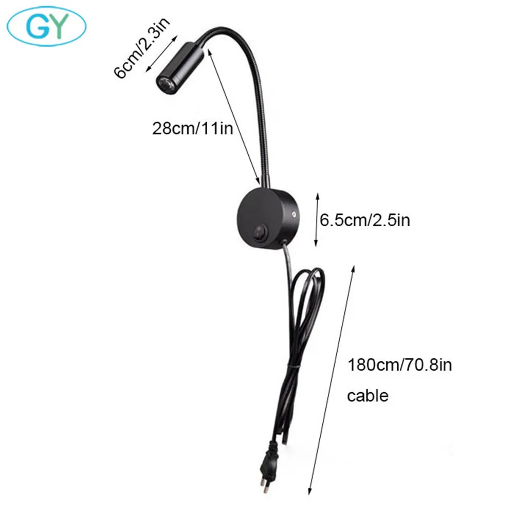 Plug Wired Flexible 3 Watts 3W Gooseneck Led Wall Light Sconce Lamp Lighting for Bedroom Reading Bathroom with Plug, black white 2