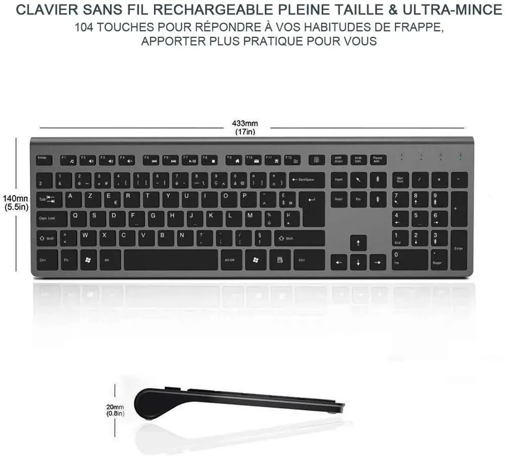 Teclado sem Fio e Mouse Fino com Teclado Azertyu com Bateria França Layout Combo-tamanho Completo Numérico Embutida - Imagem 2