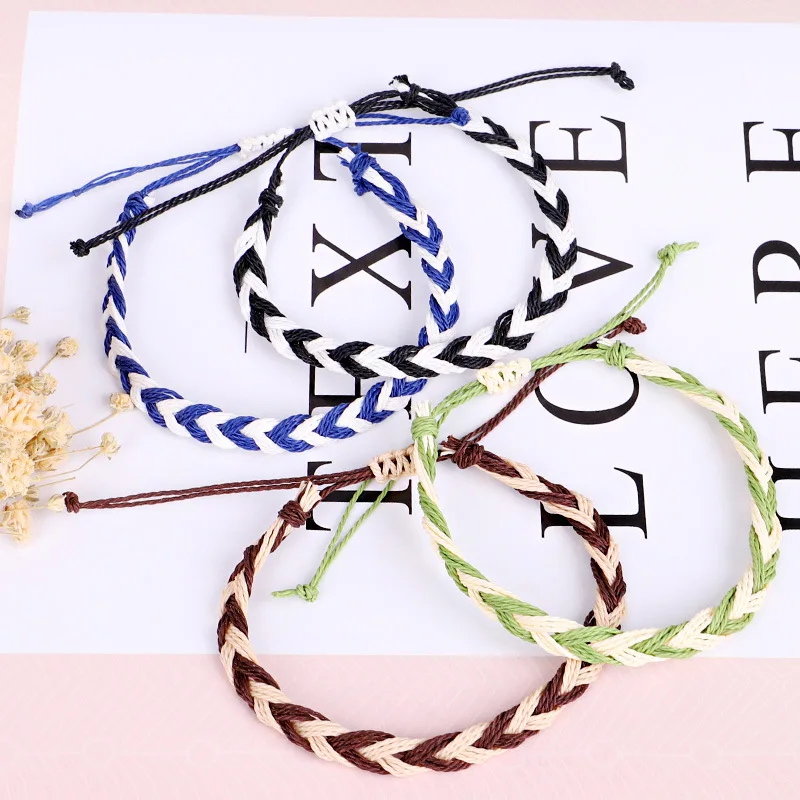 Cute Multistring Braided Bracelets Women Men Waterproof Waxed String White Waves Ocean Sunrise Black Mini Braided Surf Jewelry