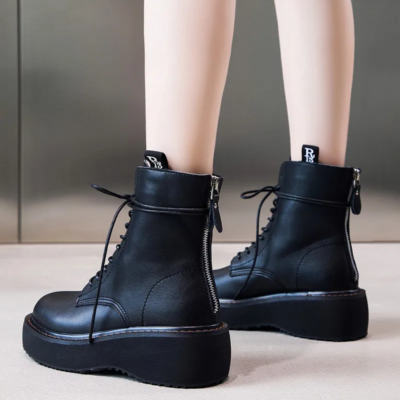 

Spring Autumn Vintage Platform Women Ankle Boots 2020 Women's Motorcycle Boot Fashion Ladies Chunky Shoes Military Decor Black