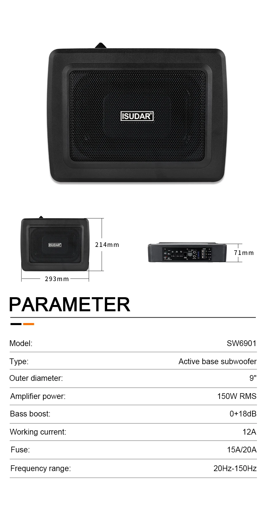 ISUDAR SU6901 Slim Subwoofer Activo para Coche con Amplificador