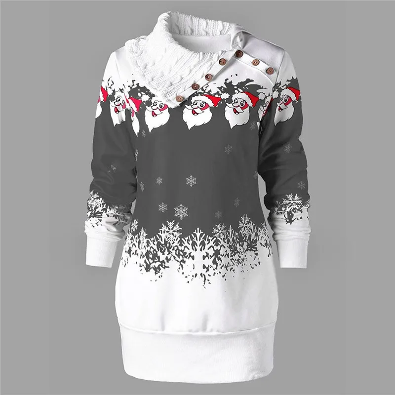 Gray Sudadera Mujer, Женская Рождественская Толстовка, новая мода, Санта Клаус, снежинка, принт, пуговицы, туника, длинный свитер, зимние топы V26 - Цвет: Gray