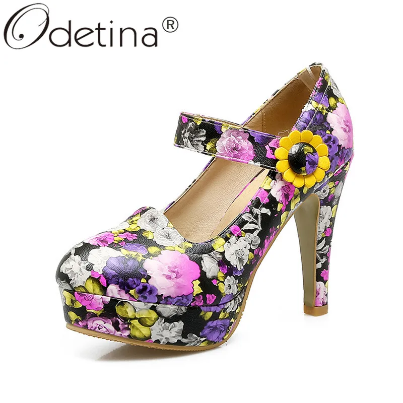 

Odetina Women Floral Print Mary Jane Shoes Ladies Ankle Strap Dress Pumps Round Toe Platform High Heels Party Shoes Big Size 43
