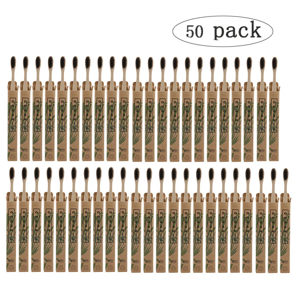 50pcs Natural Bamboo Toothbrush Wood Toothbrushes Soft Bristles Capitellum Fiber Teeth brush Eco-Friendly Oral Tooth Care - Цвет: Black