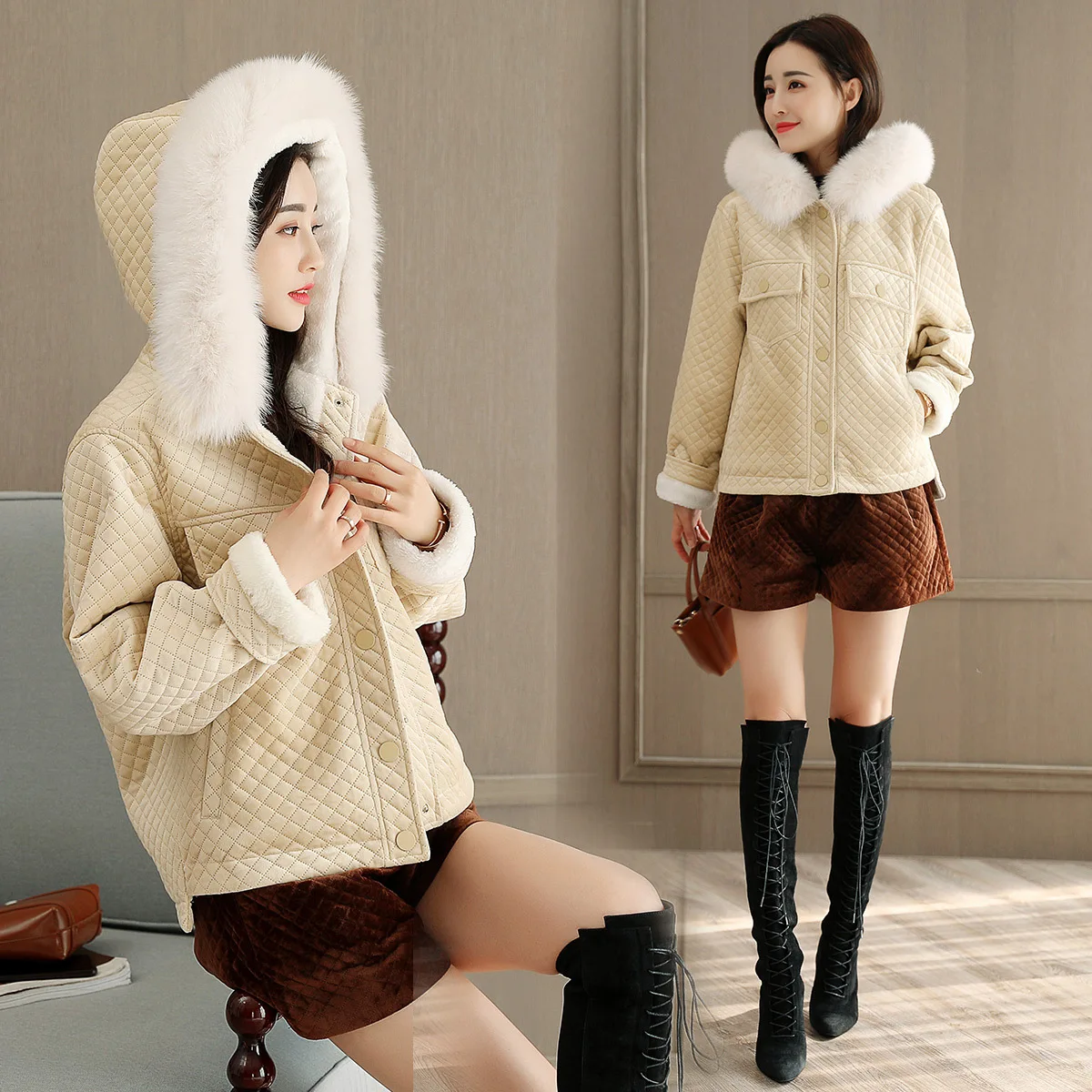

2018 Winter Long Sleeve Short Thick Straight-Cut Hidden Button Cotton-padded Clothes/Cotton Coat Hooded Solid Color Commuting