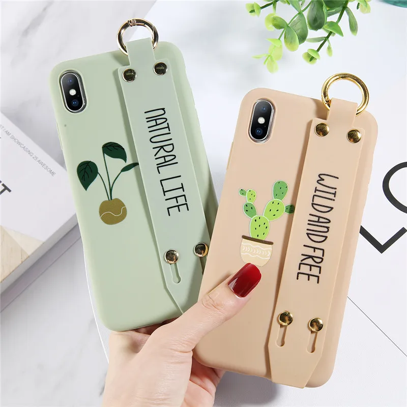 

KJOEW Wrist Strap Soft Case For iphone 7 8 6 6s plus Case For iphone X Xs max XR Green Cactus Potted Plant Phone Holder Case