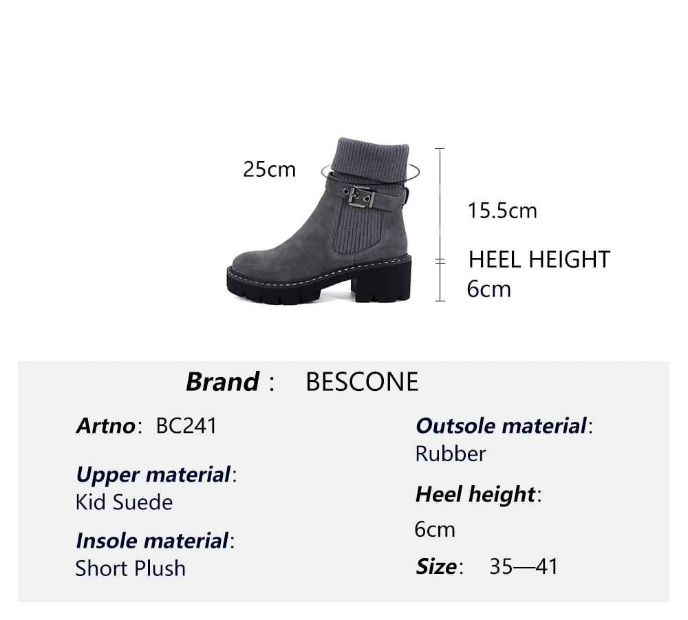 BESCONE/модные женские ботинки до середины икры; обувь ручной работы на квадратном каблуке с пряжкой; новые зимние теплые удобные женские ботинки с круглым носком; BC241