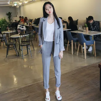 

Work Fashion Pant Womens Suit 2020 2 Piece Set Striped Blazer Jacket+Button Fly Pencil Pant Casual Spring Blazer Suit Feminino