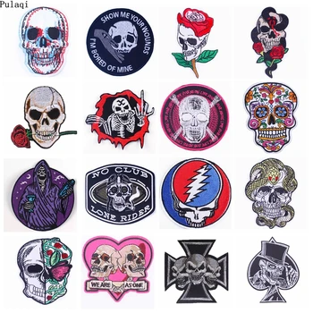 

Pulaqi Terror Skull Patch Stripe Embroidered Iron On Patches For Clothes Stranger Things Punk Patch Appliques Jacket Clothes DIY