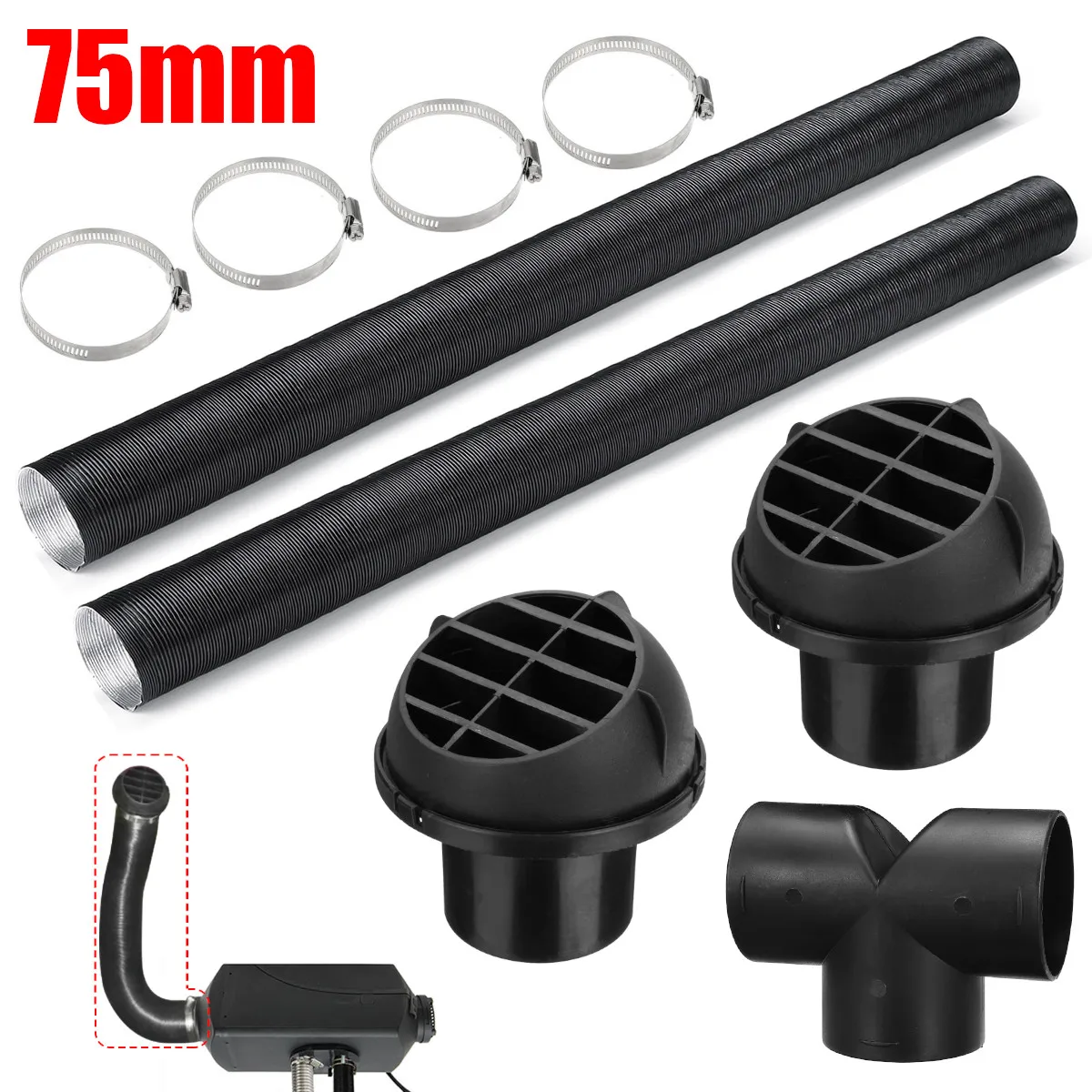 

75mm Car Air Parking Heater Ducting Pipe Air Vent Outlet T-shaped Connector Hose Clips Kit for Diesel Heater