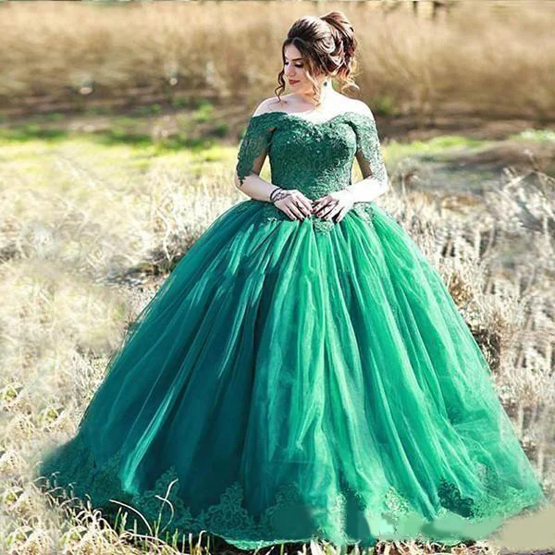 Элегантное темно-зеленое бальное платье платья для Quinceanera с открытыми плечами и