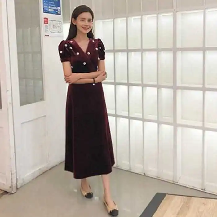Винтажное вельветовое длинное платье для женщин, осень, высокое качество, вечернее платье с коротким рукавом и v-образным вырезом, модное элегантное платье с бисером, Vestido Mujer