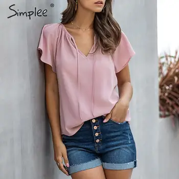 

Simplee Summer casual pink solid tops shirt Women half sleeve work wear blouse shirt Elegant office lady v neck blouse tops