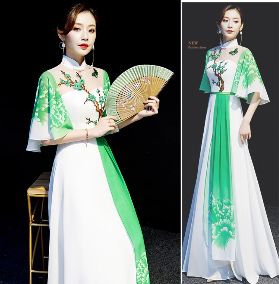 Китайский Улучшенный чёнсам Vestidos женский тонкий Qipao элегантный платок длинное вечернее платье guzheng сценические шоу
