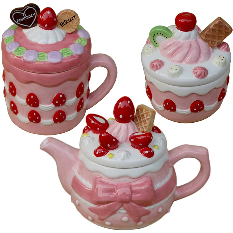 

Creative Cute Pink Strawberry Mug Ceramic Candy Salt Pot Girl Heart Cute Tea Set Home decoration jewelry box