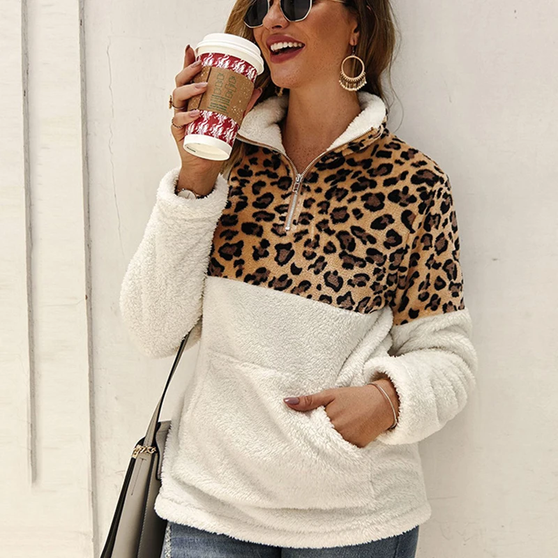 

Women Fleece Sweatshirt Winter Casual Faux Fur Leopard Patchwork Hoodies Autumn Winter Warm Turtleneck Zipper Sweatshirts Tops