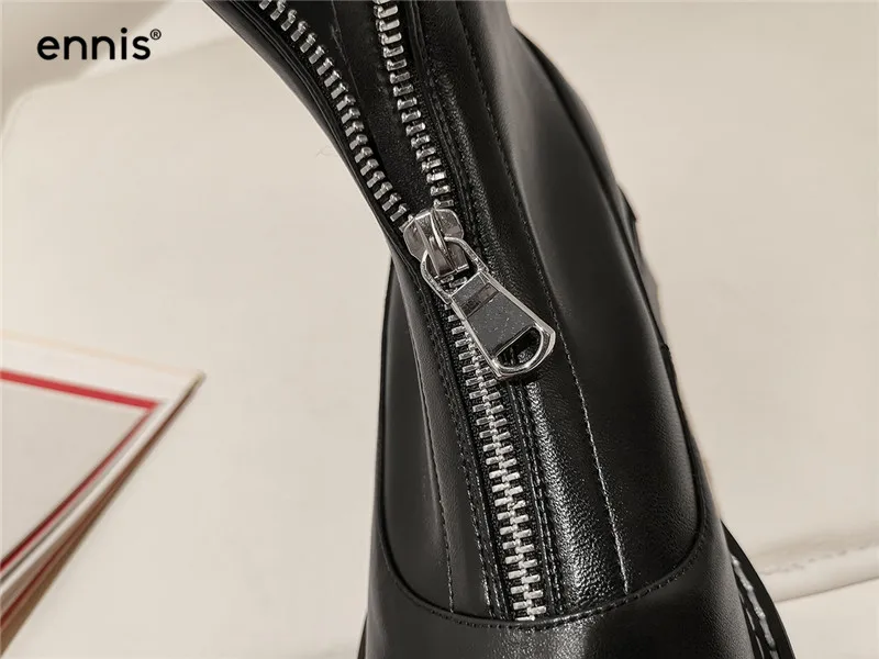 ENNIS/брендовые черные ботинки из натуральной кожи; женские ботинки на плоской подошве; Осенняя растягивающаяся обувь; ботинки на молнии спереди; зимняя модная обувь; Новинка; A9356