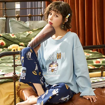 

Spring and Autumn Long-sleeved Ladies' Sleepwear Two-piece Cute Pajamas Cartoon Printed Loose Trousers Home Clothes for Women
