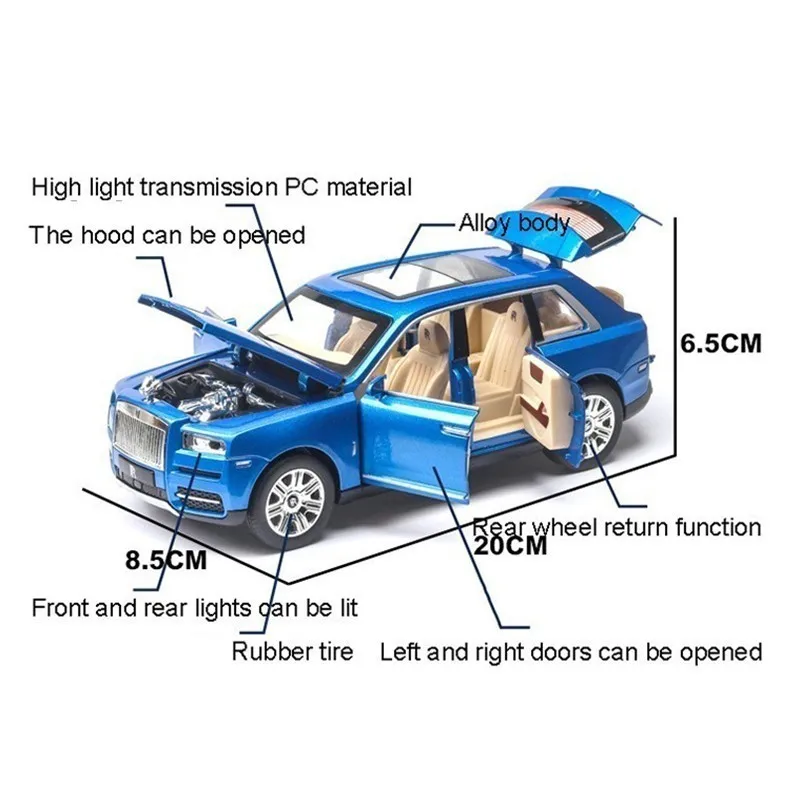 1:24 Rolls Royce Cullinan, модель автомобиля из сплава, большой размер, имитация внедорожника, металлическая модель автомобиля, светильник со звуком, вытяжка, 6 дверей