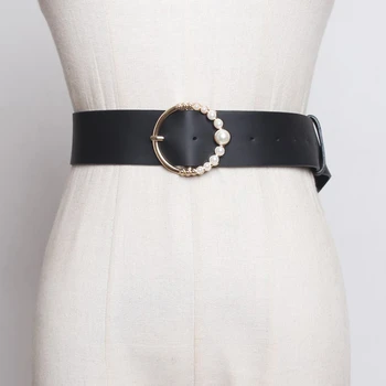 

SeeBeautiful New Fashion 2020 Spring Simple Pearl Round Metal Pin Buckle Long PU Leather Girdle Waist Belts Women N927