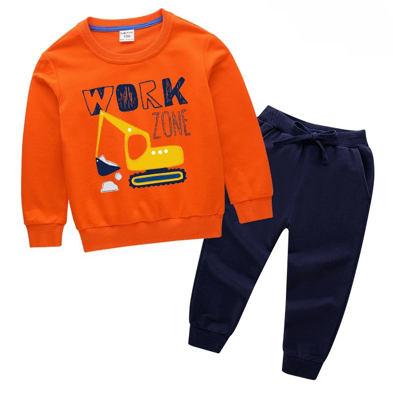 Orange - Navy Детский комплект из хлопка; детская одежда с рисунком экскаватора; Комплект для мальчиков; спортивная одежда для маленьких девочек; Детские комплекты - Цвет: Orange - Navy