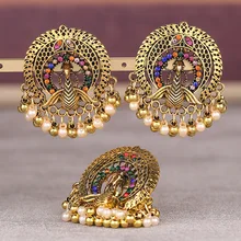 

Ethnic Women's Peacock India Earring/Ring Set Bijoux Wedding Jewelry Hangers Bohemia Pearl Beads Tassel Jhumka Earrings Hangers