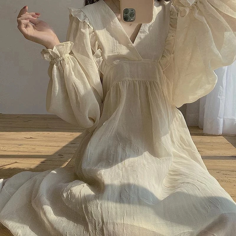 Heydress Dress Solid Ulzzang Leisure Lovely Preppy Style Student Sweet Girl Chiffon Summer V-neck Retro Vintage Baggy Loose Maxi | Женская