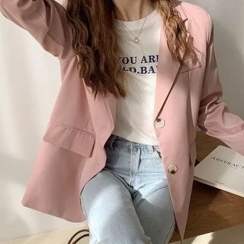 

Women Elegant Pink Blazer Jacket Double Breasted Notched Collar Loose Casual Ladies Work Suits Coat 2020 Autumn Vogue Streetwear