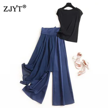 

High Quality Elegant Lady Two Piece Set Summer Outfit 2020 New Fashion Women's Set Knitting Top and Wide Leg Pants Suit Sets