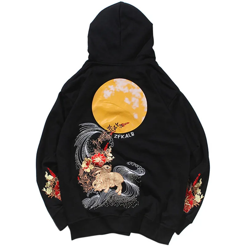 

Hip Hop Men Hoodie Sweatshirt Autumn Winter Embroidered Floral Full Moon Rabbit Hoodie Pullovers Men Harajuku Streetwear