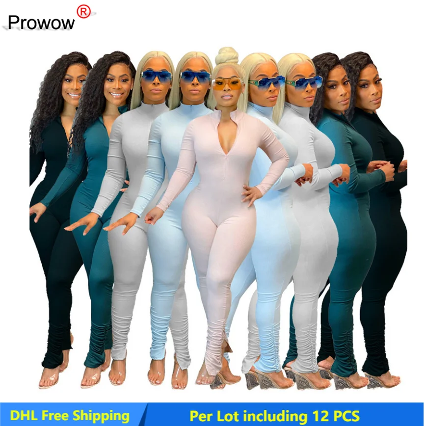 

Women Solid One Piece Jumpsuit Ladies Zipper Front Long Sleeve Fitness Rompers Playsuits Stacked Bodysuit 2021 New Clothing5835