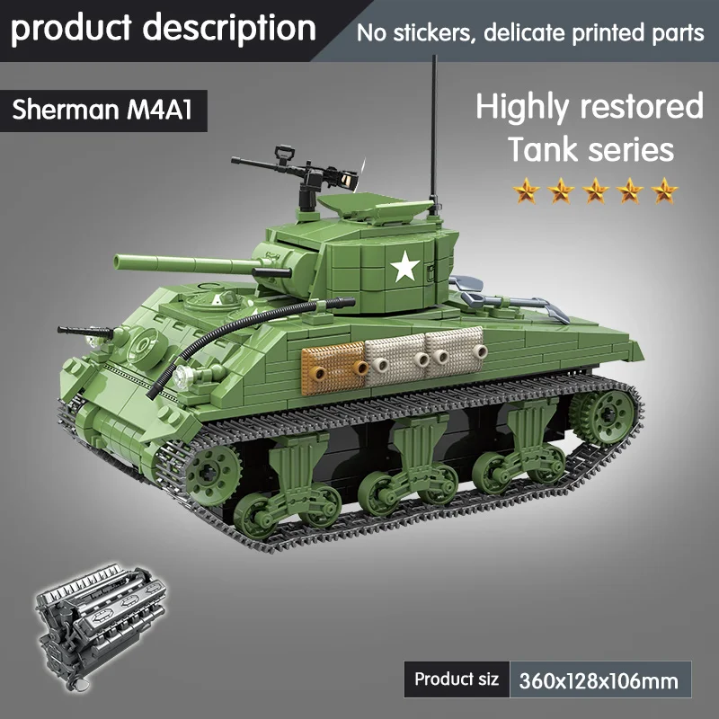  726PCS Military USA Sherman M4A1 Tank Building Blocks legoing Military WW2 Soldier Figures Weapon A