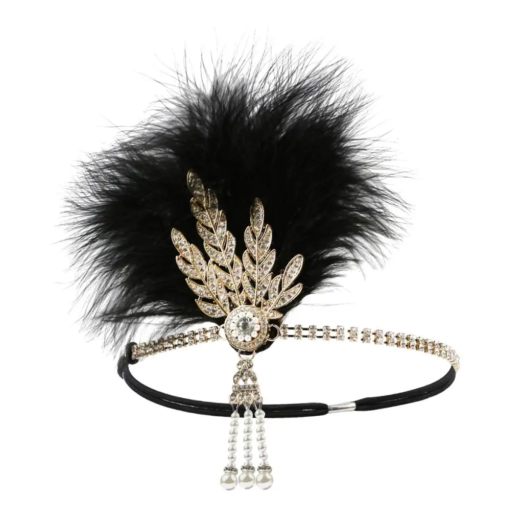 Black Golden 14cm 1 Женский чародей перо кристалл оголовье вечерние кисточкой лист головной убор черный перо Кристалл бисером головной убор - Цвет: Black Golden 14cm 1
