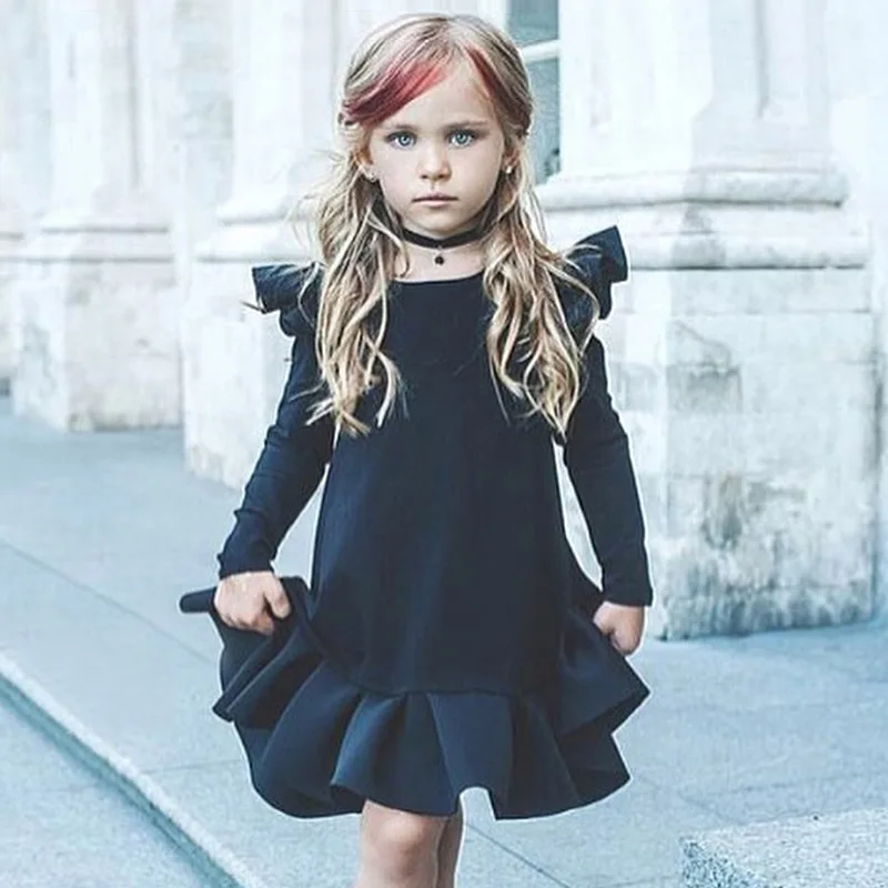 

Baby Girls Dress Autumn Small Flying Sleeve Kids Cloths Children's Solid Color Cotton Pleated Derss For Girls Cloths