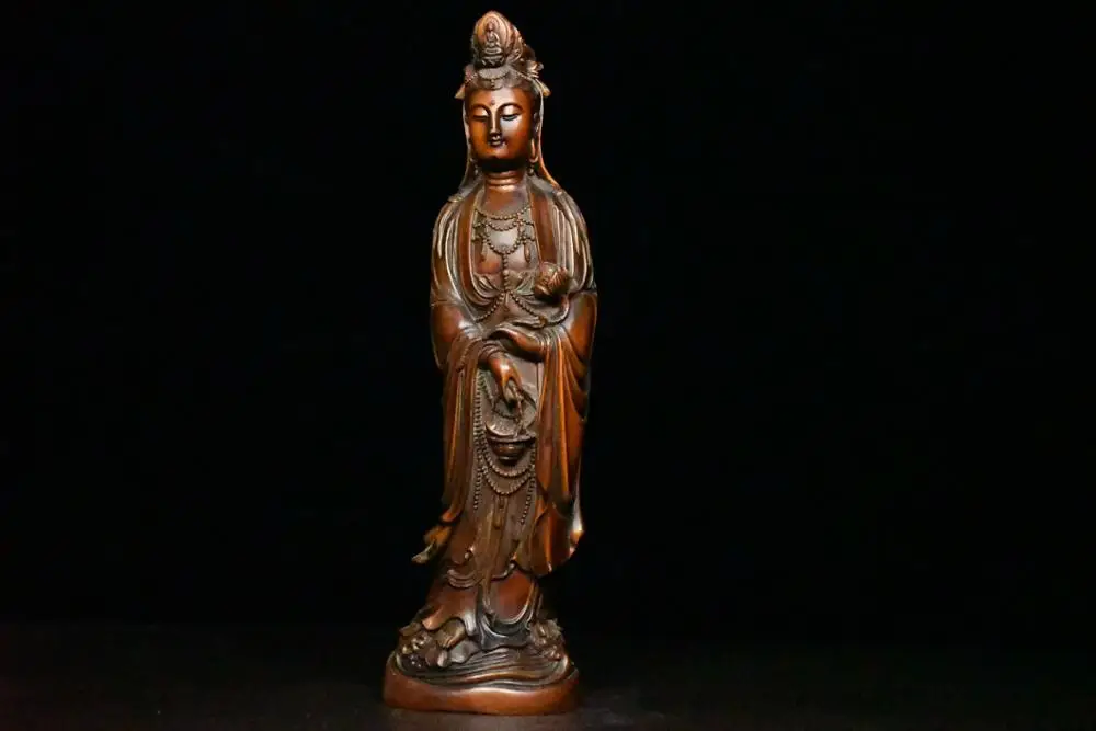 

9" China Lucky Seikos Boxwood Guanyin Bodhisattva statue Basket-carrying Guanyin Buddha Statue Avalokitesvara