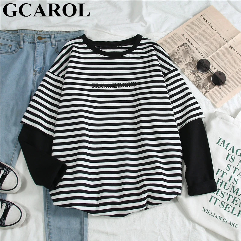 

GCAROL New Women Fake 2 Pieces shirt Drop Shoulder Oversize Fall Winter Undershirt Basic Render Tops Multi-designed Pullover