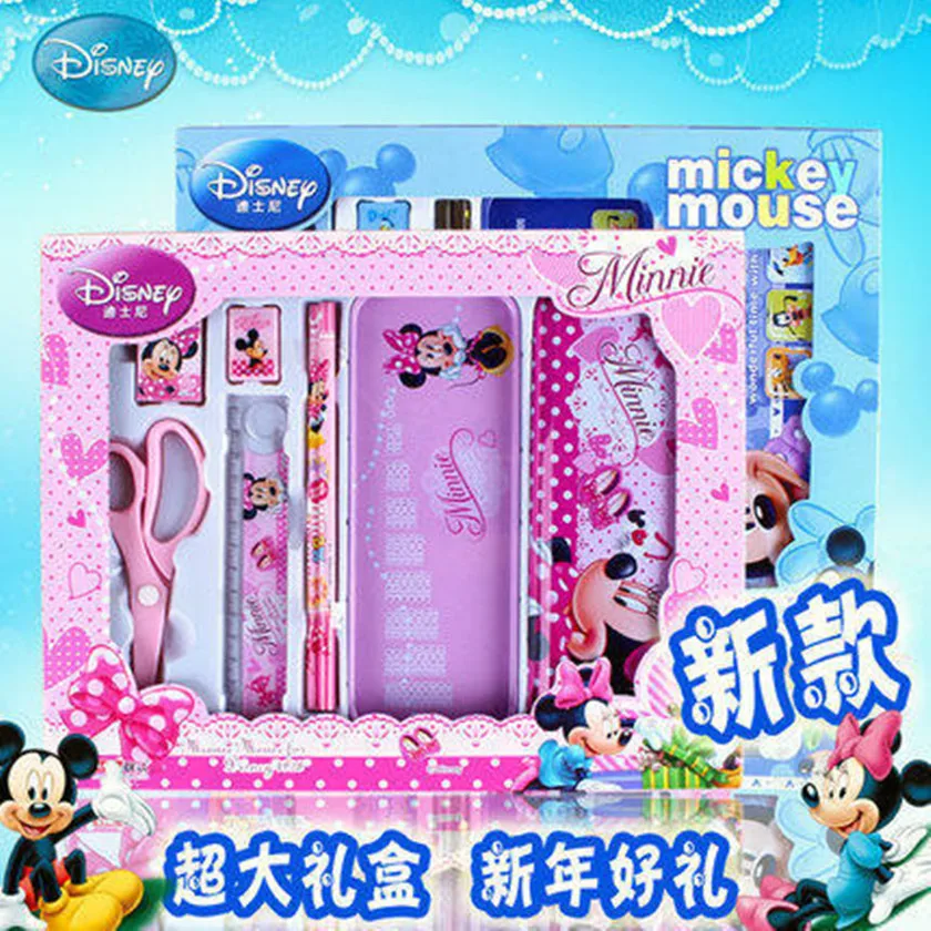 

7-piece set of authentic Disney Minnie stationery set cute double-layer stationery box pencils and other learning tools gifts