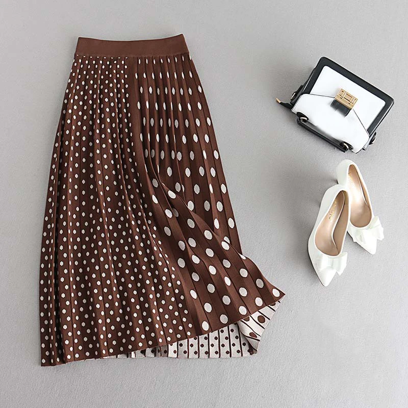 Sherhure High Waist Dots Print Knitted Women Winter A-Line Long Skirt Fashion Autumn Brown Skirt Faldas Jupe Femme Saia - Цвет: Коричневый
