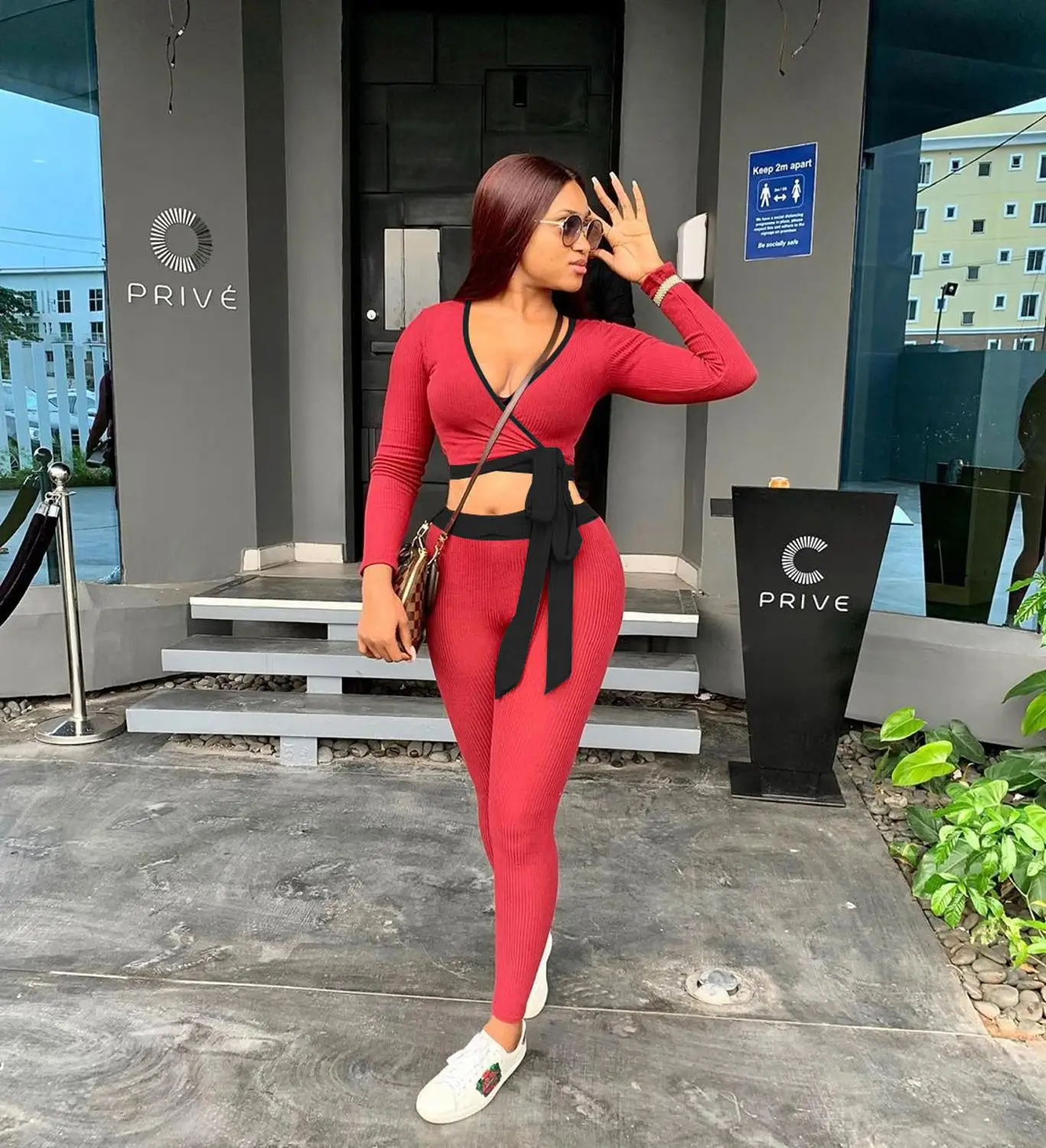 

High Street Ribbed Women's Set Tie Up V-neck Crop Tops Jogger Pants Two Piece Set Sweatsuit Matching Set Fitness Outfits