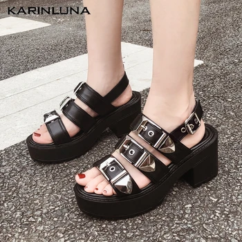 

KarinLuna 2020 New Fashion Gladiator Women Sandals Square Heels Peep Toe Metal Decoration Pumps Summer Casual Woman Shoes