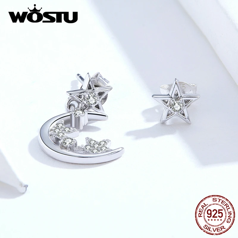 

WOSTU Authentic 925 Sterling Silver Shining Star Moon Stud Earrings Clear Zircon Earrings For Women Unique Design Jewelry FIE813