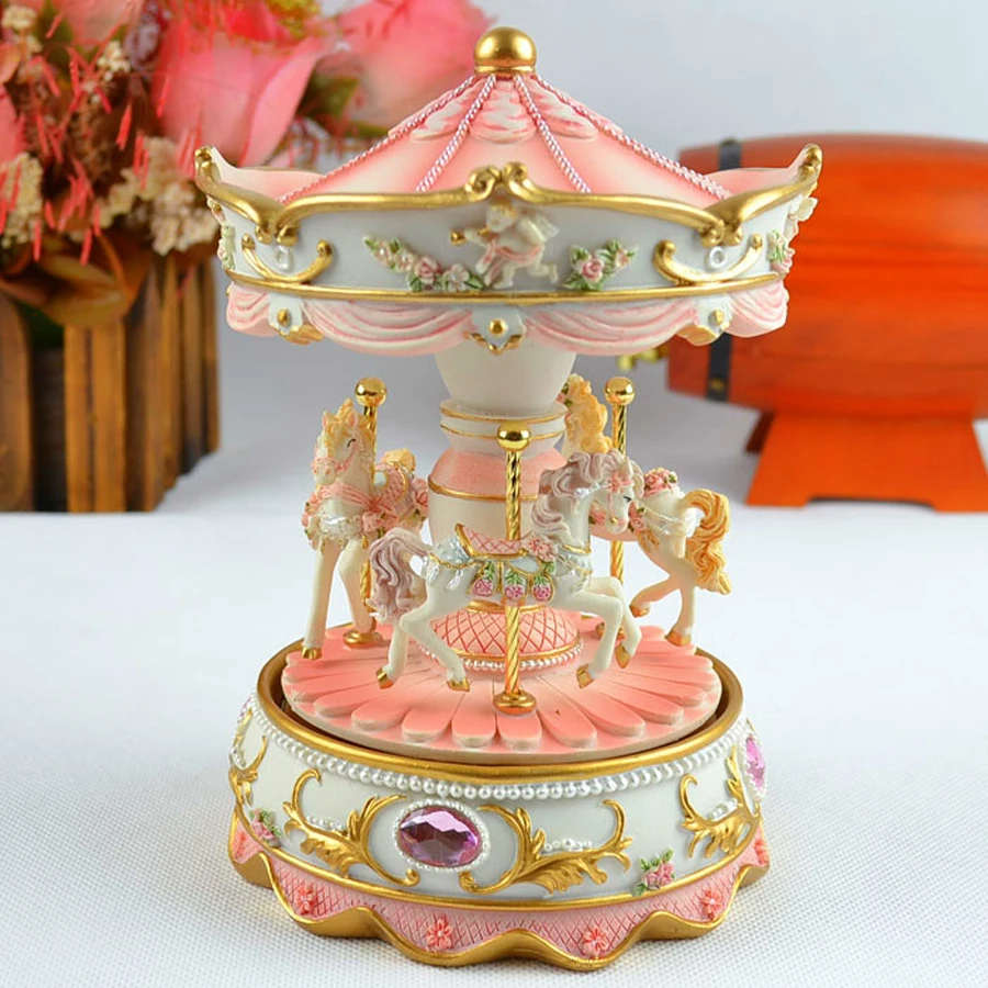 Carousel Mini Music Box Pink and Blue 2 Colors Musical Boxes for Love Girl or Children Christmas Gift