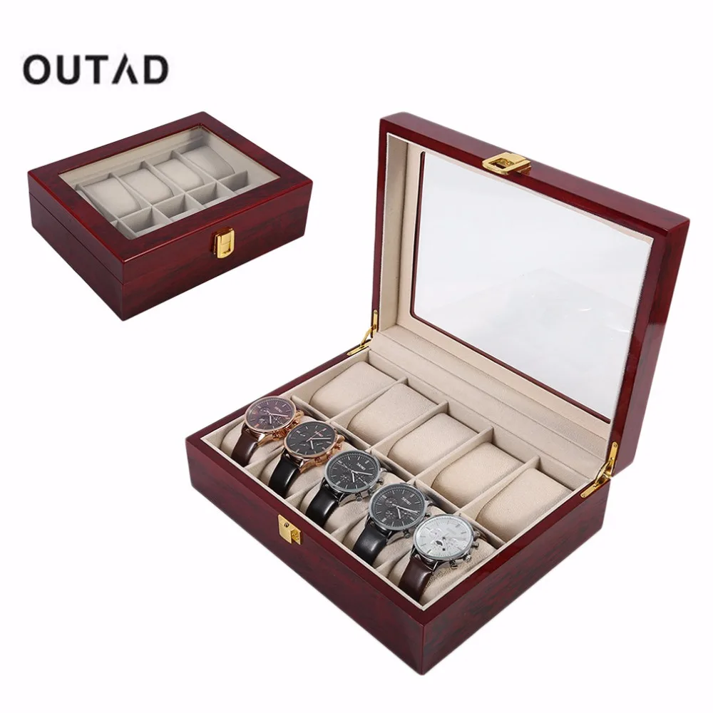

10 Grids Retro Red Wooden Watch Display Case Durable Packaging Holder Jewelry Collection Storage Watch Organizer Box Casket