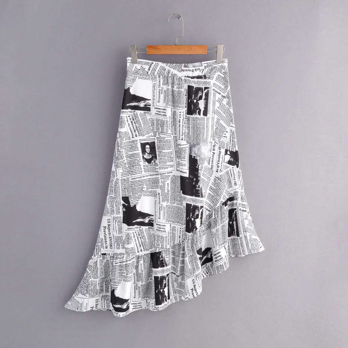 

Cff-yyg9507 WOMEN'S Dress New Products Vintage Newspaper Printed Irregular Hem Skirt