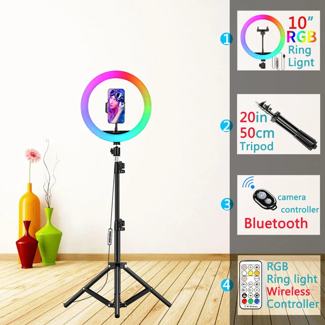 12in 30cm Selfie Ring Light RGB Tripod Phone Stand Holder Photography RingLight Circle Fill Light Led Color Lamp Trepied Makeup 10in RGB Type 4