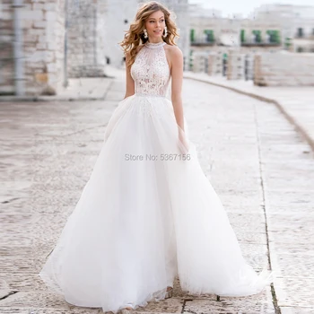 

Tulle Wedding Dresses 2020 Beading Halter Sleeveless Lace Appliques Button Court Train A Line Bridal Gowns Vestido De Noiva